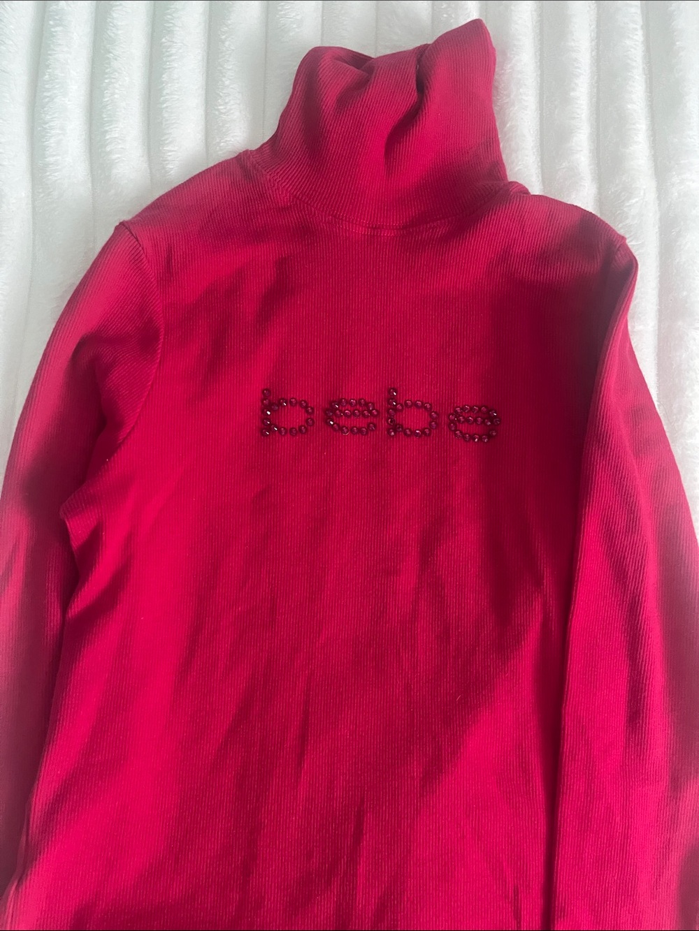 bebe Fuchsia Ribbed Turtleneck Sweater with Beaded Logo